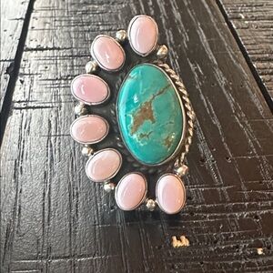 Navajo Geraldine James Pink Conch & Turquoise Sterling Silver Ring
